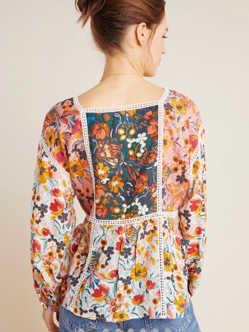 Anthropologie Maeve Floral Patchwork Peasant Blouse in Pink, Green, Yellow - Picture 8 of 13